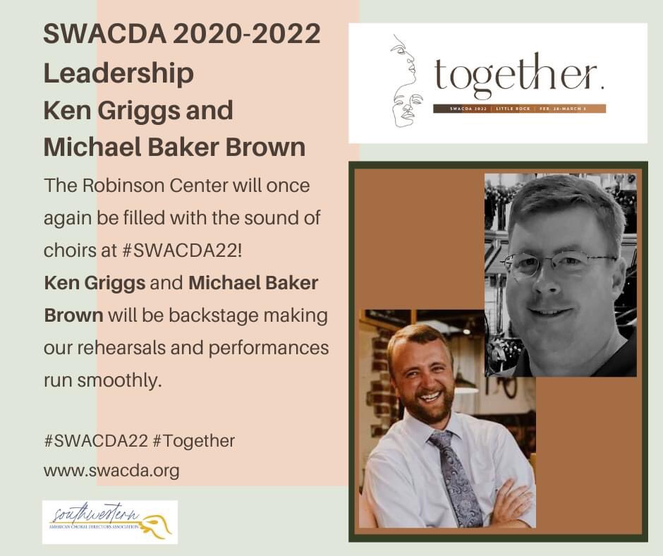 SWesternACDA's tweet image. The Robinson Center will once again be filled with the sound of choirs at #SWACDA22! Ken Griggs and Michael Baker Brown will be backstage making our rehearsals and performances run smoothly.

#Together
buff.ly/3jesW5K