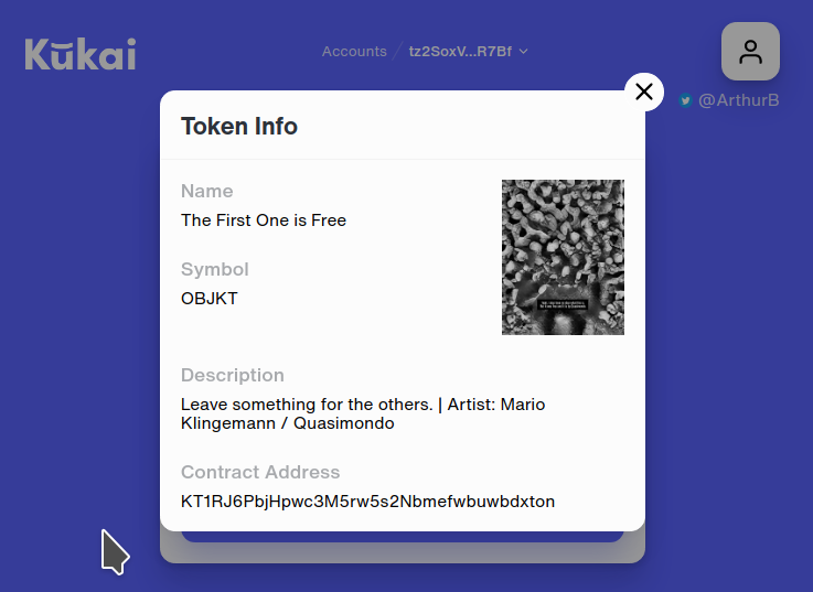 ArthurB's tweet photo. Neat, @KukaiWallet now displays NFT from @hicetnunc2000 in your wallet. https://t.co/7GZ48yVk4y