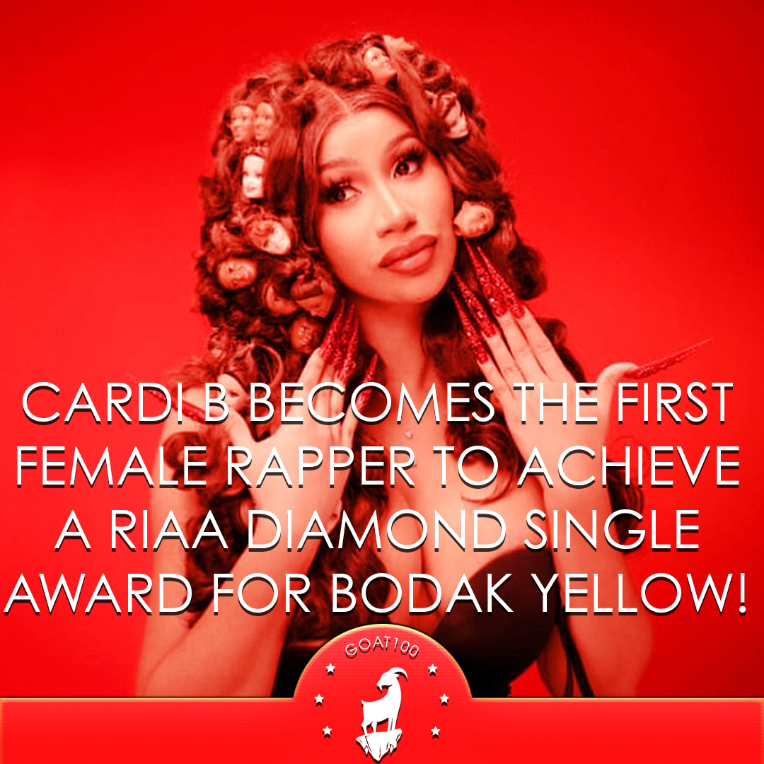 GOAT_100_'s tweet photo. Cardi B is crowned first female rapper to achieve a RIAA Diamond Single award for "Bodak Yellow"! 💎

Cardi’s breakout single has been certified RIAA diamond certification, which means the song has sold more than 10 million units. 

Well done to Cardi!👑

#cardib #bodakyellow https://t.co/T9WXlxTmAQ