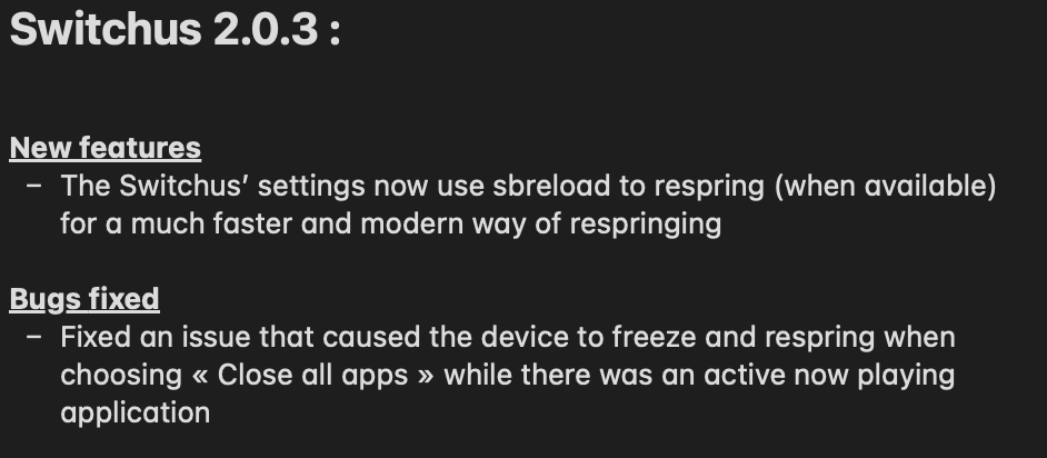 SynnyG_R's tweet photo. #Switchus 2.0.3 has been sent to Packix and should be available quickly!
This update *finally* fix the freezing issue on iOS 14 when closing all apps (thanks to @letheoreme for his feedback) and bring a faster way of respringing through the settings. Changelog below.
Enjoy :) https://t.co/dKbVFMrXFq