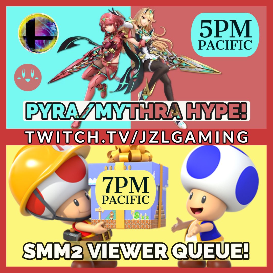 JzLgaming's tweet photo. PYRA/MYTHRA HYPE IS HERE π± first time with an open arena is TONIGHT at 5pm Pacific! Then our usual amazing #SMM2 queue at 7pm! Itβs gonna be an EPIC night π https://t.co/mSYdaLr6ga #smash #smashdlc #SmashBrosUltimate #smasharena #smashstream #twitch #twitchtv #familyfriendly https://t.co/Vld9TxYjax