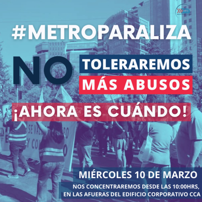 PiensaPrensa's tweet photo. "NO TELERAREMOS MÁS ABUSOS. ¡AHORA ES CUÁNDO!": Trabajadores, Sindicato Profesionales y Técnic@s de Metro (@s2metro) paralizarán el Metro de Santiago. 
Detalles  https://t.co/4ktxizHjFN https://t.co/xZgWyABcUG
