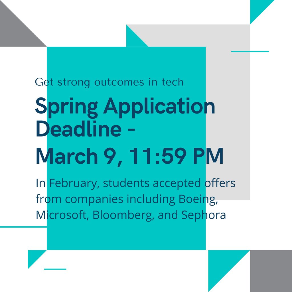 MakeSchool's tweet image. Today, March 9 at 11:59pm, is the deadline for our Spring Application!

Interested in beginning a strong career in tech? Apply now: l8r.it/052n!

#college #computerscience #appliedcomputerscience #softwareengineer #tech #studentoutcomes
