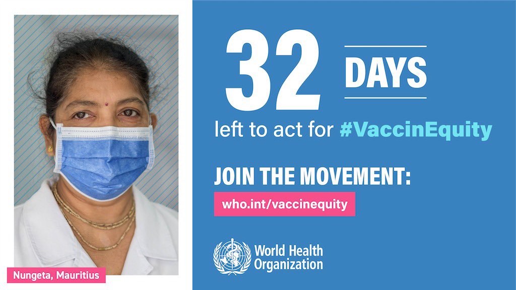 DrTedros's tweet photo. A year into the #COVID19 pandemic, we must come together to protect and invest in the people who protect us all, no matter where they live. We now have only 32 days left to act for #VaccinEquity! https://t.co/5abx2RGGRY https://t.co/5mDdt0N16y