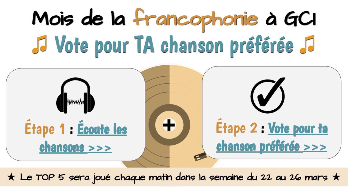 🎶 Pour le Mois de la #francophonie voici un #concours réutilisable pour te faciliter la vie! Encourage tes élèves à voter pour leur chanson préférée et fais jouer le TOP 5 dans ton école très fort 📢 Voici la liste de lecture youtube.com/playlist?list=… #french #fsl #fls #francais