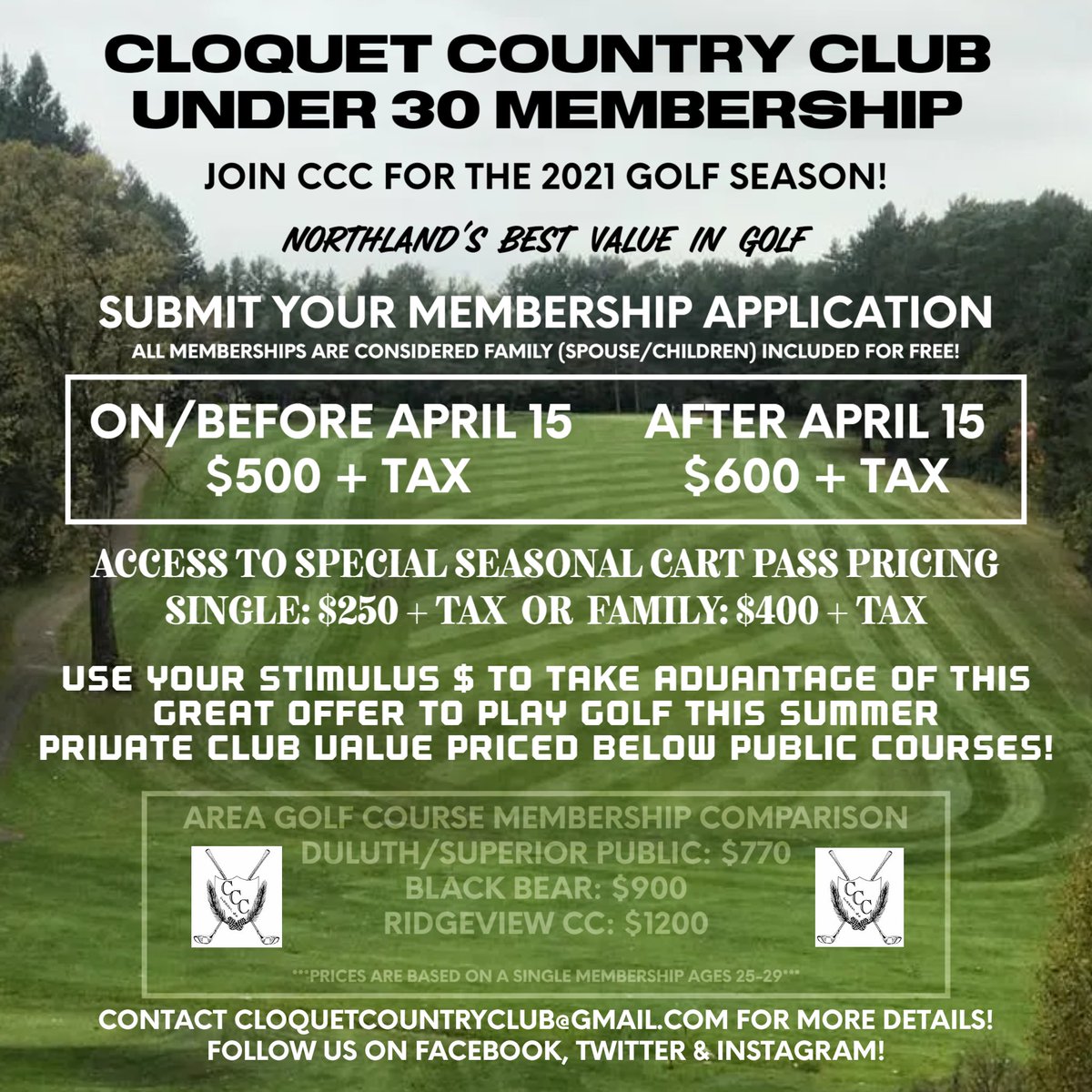 CloquetCC's tweet photo. 2021 Under 30 Membership
$500 before Apr 15 deadline ($600 after that date)
No better golf deal in the area for a private Club.
Put your stimulus $ to good use & get yourself a membership this season. Hoping for an early Spring if this weather continues! #JoinCCC https://t.co/53qbp7Qvb7
