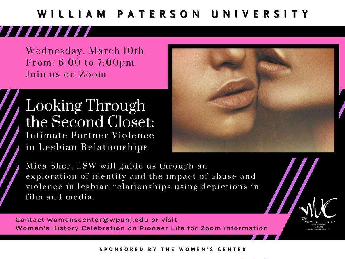 WPWomensCenter's tweet photo. Join us on Zoom tomorrow, March 10th at 6pm for "Looking Through the Second Closet". Together we'll take an in depth look at intimate partner violence in lesbian relationships with Mica Sher, LSW!

https://t.co/9reuzv8w5Y 

#wpwomenscenter #cvswp #wplgbtq
#womenshistorymonth https://t.co/I9rsNVaSFk