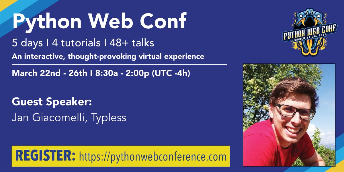 pythonwebconf's tweet image. Not sure where to start the #Python development process?@jangiacomelli of @typlessAPI will be joins #PWC2021 to discuss creating your complete #Python toolbox to help you become a well-rounded #Pythonista. Tickets available at: pythonwebconf.com