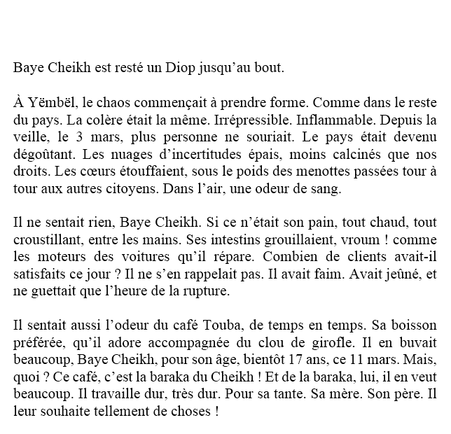 CA_Bamba_Ndiaye's tweet photo. J’ai écrit cette semi-fiction, intitulée « La Rupture », à la mémoire de Baye Cheikh Diop et des onze autres Jeunes tués.
Puisse leur souffle nous animer à jamais.
#FreeSenegal https://t.co/LFgr38Lb18