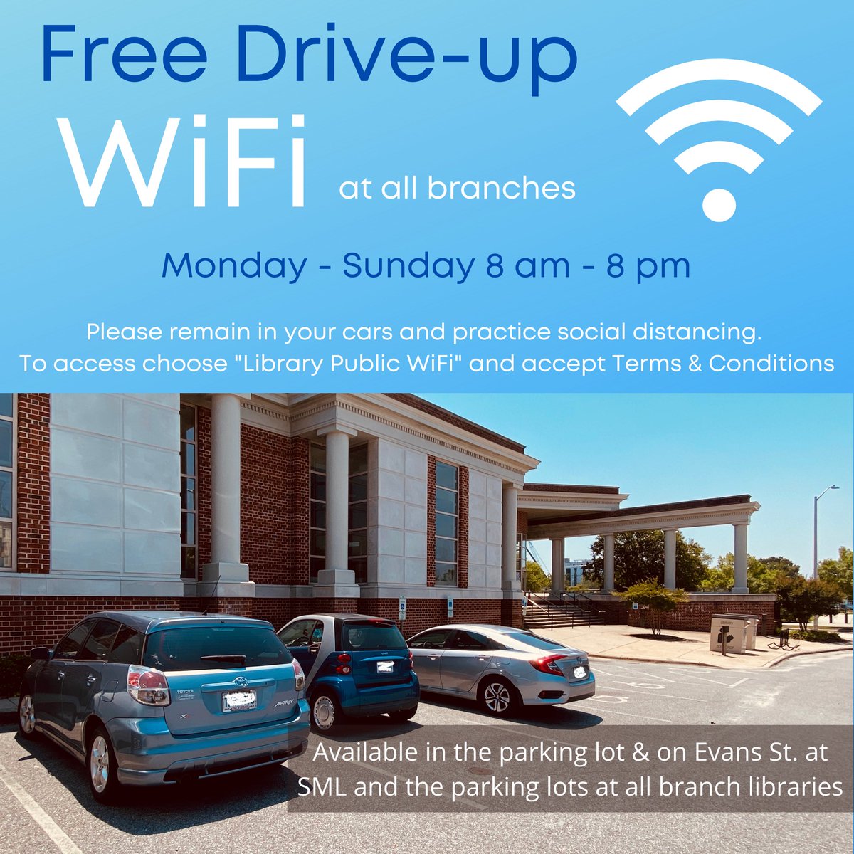 SML is excited to offer excellent free Wi-Fi in the parking lots of all five SML locations: the Main Library in Uptown Greenville, the East Branch Library, the George Washington Carver Library, the Winterville Library, and the Margaret Little Blount Library in Bethel!   💻📱