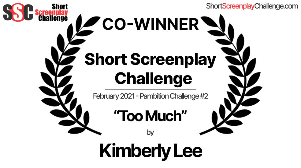 ScreenplayShort's tweet image. Congrats to Kimberly Lee for being CO-WINNER on Pambition Challenge #2 with her short screenplay, “Too Much”.

I thought this really nailed the theme, “Is Love Enough” and painted a picture of a tortured wife superbly.

#ShortScreenplayChallenge #Screenplay