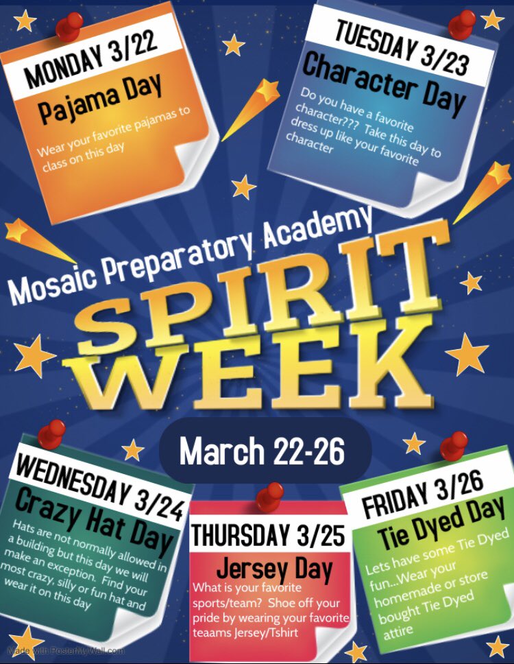 ProfessorV1's tweet photo. Get ready for Spirit Week!! @MosaicPrep https://t.co/j3YZJ7FfYA
