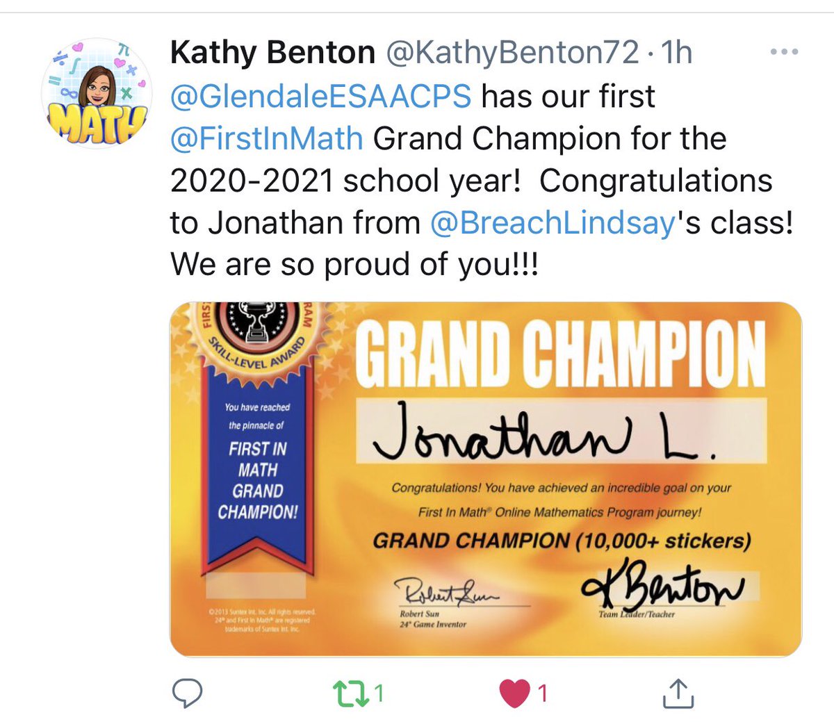He had a goal... and he achieved!! We’re so proud of our Grand Champion!!! He has worked so hard. Our class stands behind you as your cheerleaders!!! Keep it up!!! <a href="/AACountySchools/">AACPS</a> <a href="/GlendaleESAACPS/">Glendale Elementary</a> <a href="/FirstInMath/">First In Math</a> <a href="/RobertSun24/">Robert Sun</a>