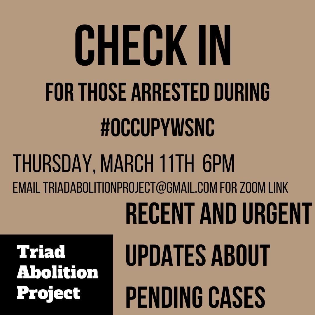 ForsythBail's tweet photo. If you were arrested as part of the #OccupyWSNC protests this summer, email triadabolitionproject@gmail.com for a link to an info/update session this Thursday! https://t.co/SaS9EuCNCy