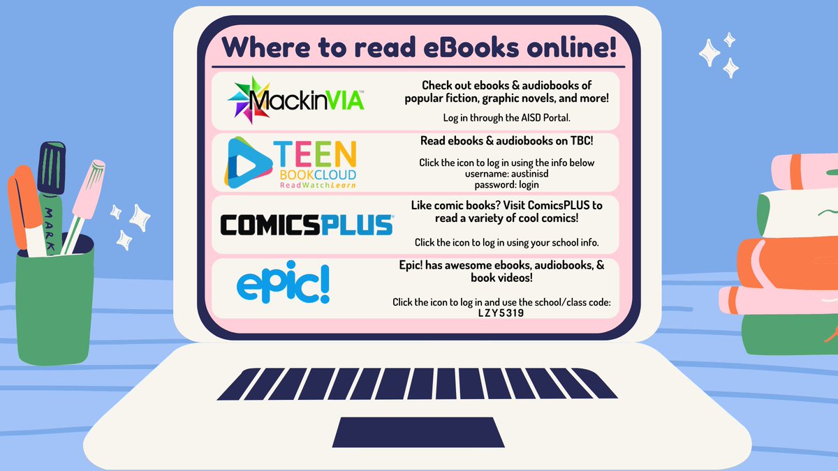 MendezMSLibrary's tweet image. Did you know it&apos;s Read an eBook Week? Check out the awesome places all AISD students can go to read eBooks!
