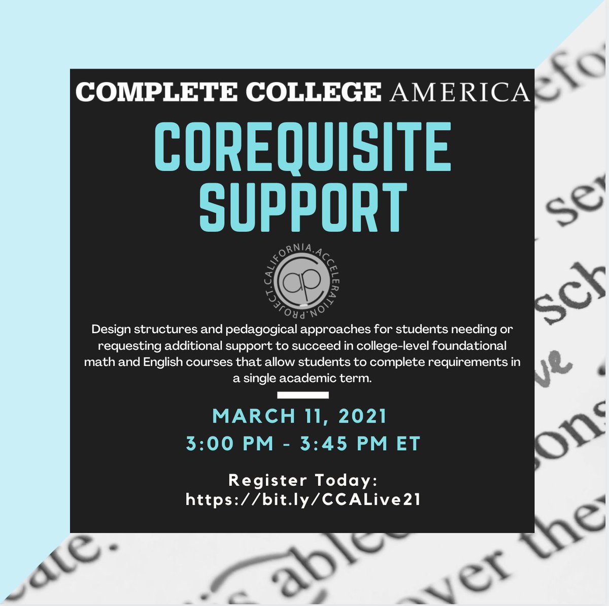 CompleteCollege's tweet photo. Hot off the press! Tune in to an all new #CCALive on Thursday, March 11th at 3:00 PM EST for a conversation on #CoreqSupport featuring @KatieHernCA. Register today at https://t.co/WGThgivyjQ. Don't miss it. https://t.co/8C72P8OVzX