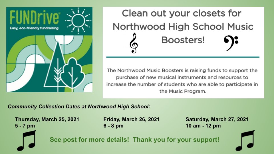 Celebrate the warm weather, do some spring cleaning, and help our music program grow!  NHS Music Boosters is sponsoring a clothing/soft goods drive with Value Village.  For more information, sign up today! forms.gle/X17maib2E4kUh2… Every bag helps us reach our goal! 😁🎶🎙️🎺