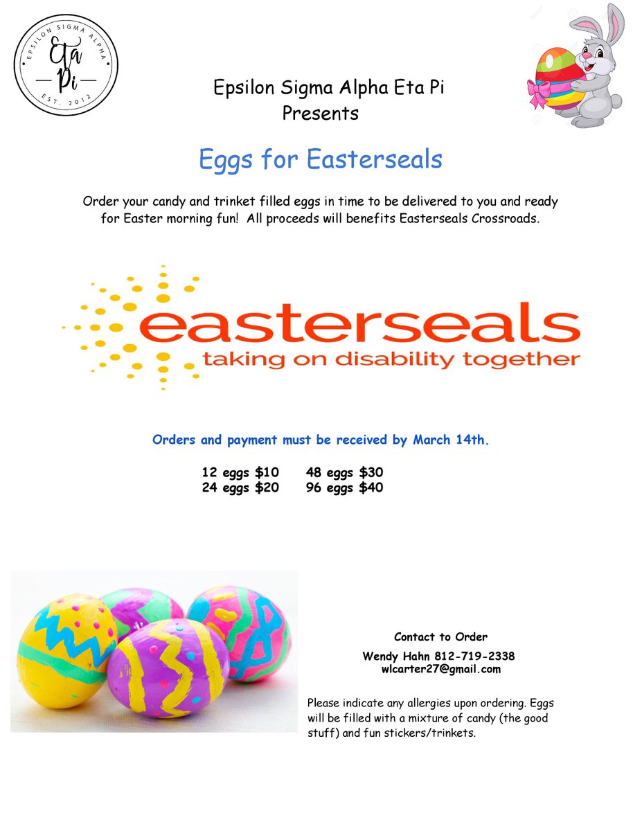 Easter is April 4th! Let <a href="/ESAEtaPi/">ESA Eta Pi</a> help you with your egg hunt!  In the Indy area, we will deliver eggs to your door, stuffed with candy and trinkets!  If outside of the Indy area, contact us for price estimate. Details below...All proceeds benefit Indiana Easterseals!