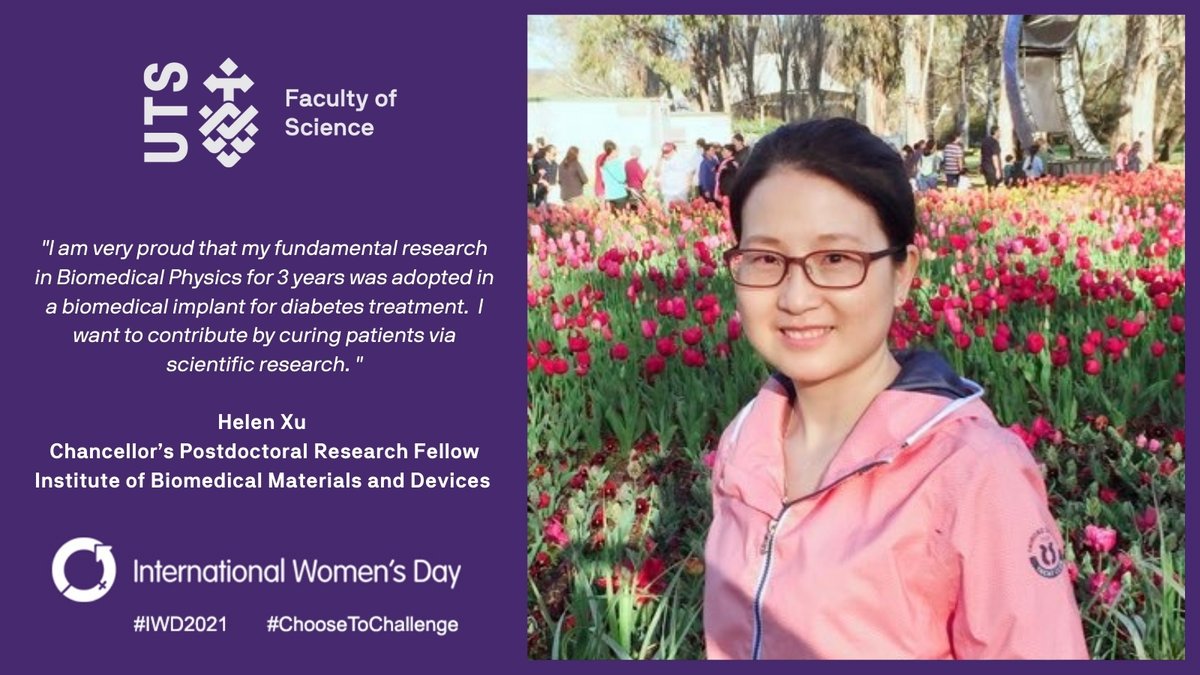 UTS_Science's tweet photo. Dr @HelenXu64096232's research is focused on biomedical physics, focusing on improving healthcare. Her research has been adopted in a biomedical implant for #diabetes, and she's currently researching improvements on imaging for #cancer patients. #ChooseToChallenge #IWD2021 #IBMD https://t.co/1nXsxauolN