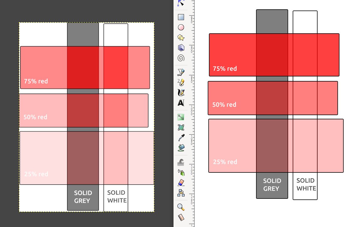 Two windows showing a series of transparent red rectangles superimposed on top of grey and white rectangles. On the left the transparent rectangles look much more transparent in the areas where they don't overlap anything.