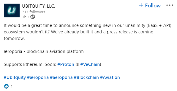 eisenreich's tweet photo. VeChain x UBITQUITY

Almost ready "to announce something new in our unanimity (BaaS + API) ecosystem. We've already built it and a press release is coming tomorrow."

æroporia - blockchain aviation platform ✈️

Supports Ethereum. Soon: #Proton &amp; #VeChain! 👀

#VeChain $VET #VeFam https://t.co/lAQgEHuHju