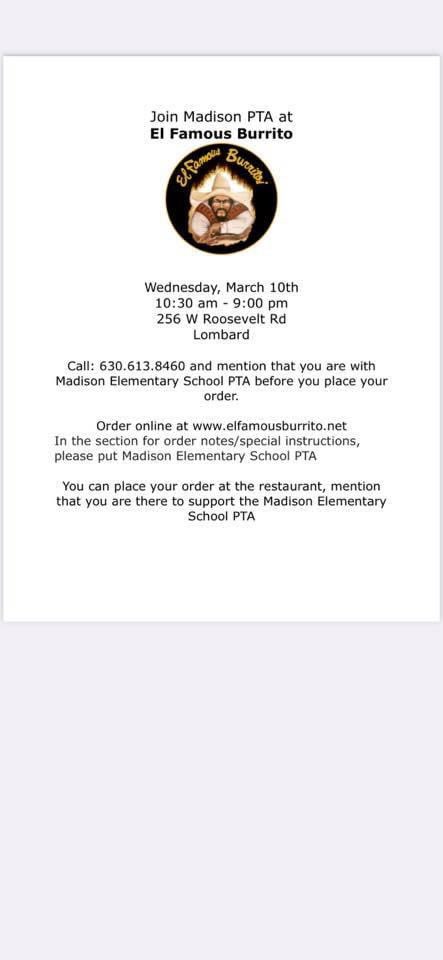 The next PTA restaurant fundraiser is tomorrow at El Famous Burrito on March 10th 10:30am-9:00pm. When you order tell them you’re there to support the Madison PTA!
🌯 🌮 #madison44