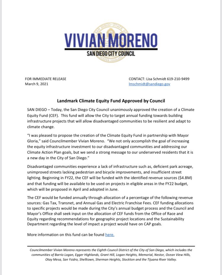 Thank you to <a href="/MayorToddGloria/">San Diego Mayor Todd Gloria</a> and my Council colleagues for supporting the Climate Equity Fund. Thank you also to everyone that called in support of equity for our disadvantaged communities. We look forward to funding many needed infrastructure projects in our communities.