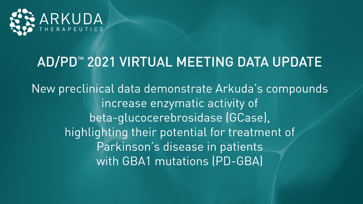 ArkudaTx's tweet photo. At this week’s virtual AD/PD 2021, we're sharing new preclinical data (P501/#606) on the potential of our compounds for the treatment of Parkinson’s disease with GBA1 mutations (PD-GBA). Learn more here: https://t.co/0FZjoC6ZAE

#ADPD2021 #Parkinsons #Alzheimers #Neuroscience https://t.co/1PTocQyQpA