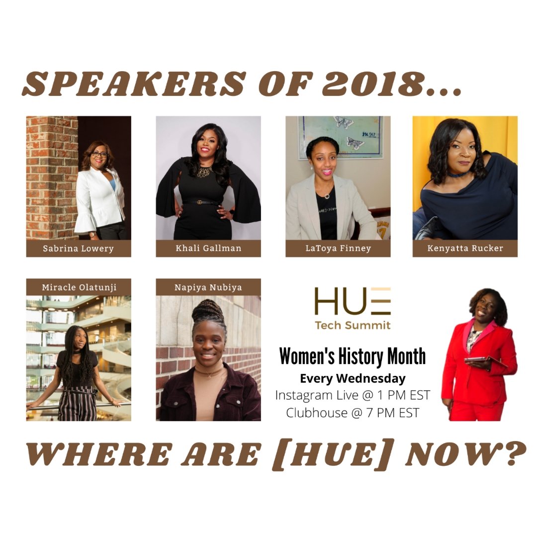 Every Wed this #WomensHistoryMonth, join <a href="/jumokedada/">Jumoke K. Dada</a> on the #HUETechSummit IG Live and Clubhouse as she catches up with past speakers. 3/10 hear from <a href="/yattag/">kenyatta robinson</a> <a href="/MsLadyLovesGolf/">💖LJ💚</a> <a href="/mirolatunji/">Miracle Olatunji</a> <a href="/sabrinalowery/">Sabrina Lowery</a> <a href="/itgirlnapi/">Napi</a> #HUETechSummit #NoMoreHiddenFigures #FORTITUDE #GALVANIZE