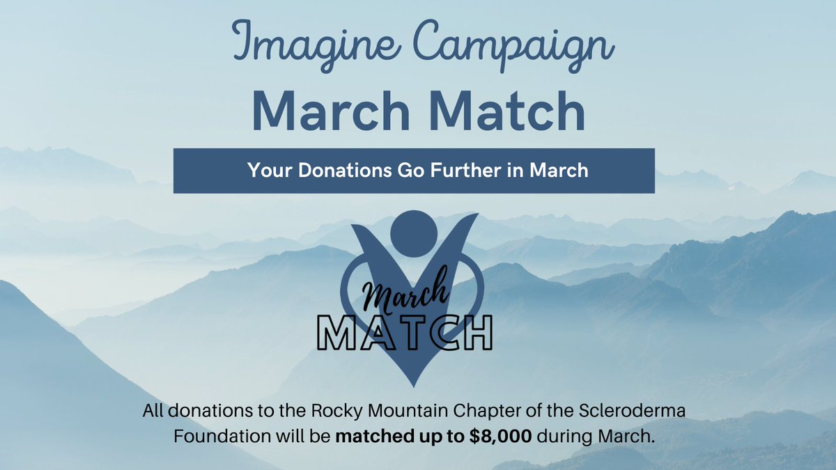 SclerodermaCO's tweet photo. Imagine the IMPACT! All donations to our Imagine Campaign are doubled up to $8,000. Can you support the Rocky Mountain scleroderma community?
https://t.co/D24ZUmu6Hv
 
#Imagine2021   #ImaginetheImpact  #20YearsSFRMC  #Scleroderma  
#EndFibrosis https://t.co/vLCfd7H6aj