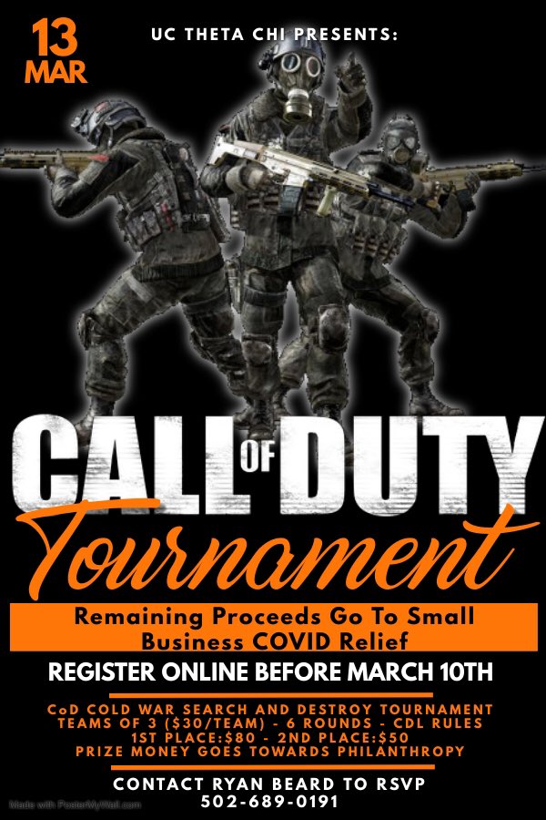 Sign ups for @UCThetaChi 's Cod Tourney, this Saturday, March 13th are out now!! More info as well as signup in the link. docs.google.com/forms/d/12wIET…