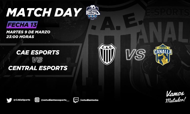 Único partido del día de hoy por Superliga de <a href="/IESAFIFAar/">IESA Argentina</a> 

23:00 🆚 <a href="/CARCeSports/">Rosario Central esports</a> 

#VamosMatador⚫️⚪️🙌🏽 
✍️<a href="/Erhen95/">Hernani</a>