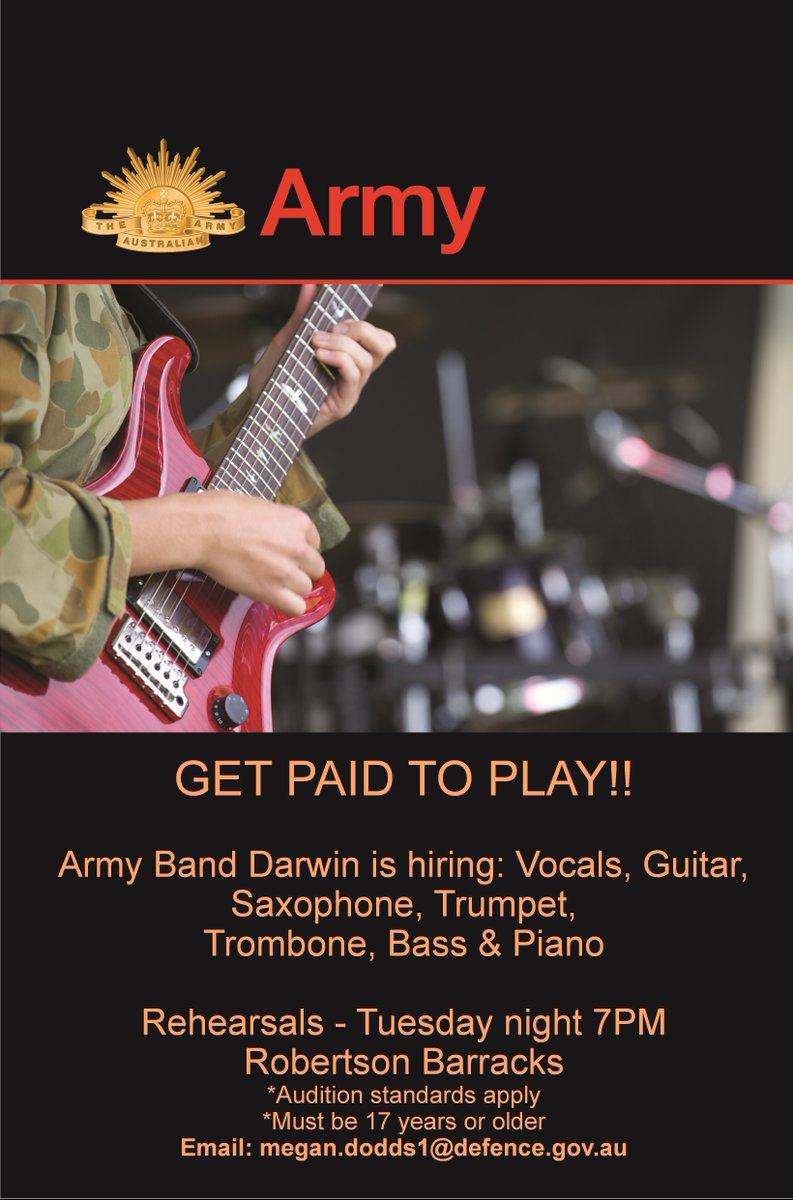 HQ 1 Bde (@hq_1bde) on Twitter photo 1 Brigade's top 'brass' is seeking new members to join it's ranks.
The Band of the 1st Brigade is on the lookout for a range of talented new musicians.
To find out more and see if you have the chops to get paid to play contact megan.dodds1@defence.gov.au 1 Brigade's top 'brass' is seeking new members to join it's ranks.
The Band of the 1st Brigade is on the lookout for a range of talented new musicians.
To find out more and see if you have the chops to get paid to play contact megan.dodds1@defence.gov.au