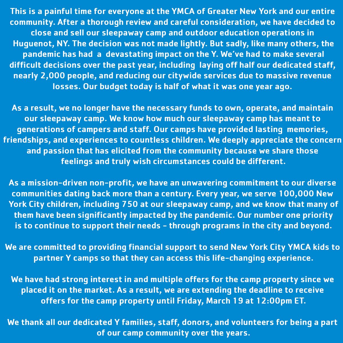 Dear Y family and friends… please see our update on sleepaway camp.