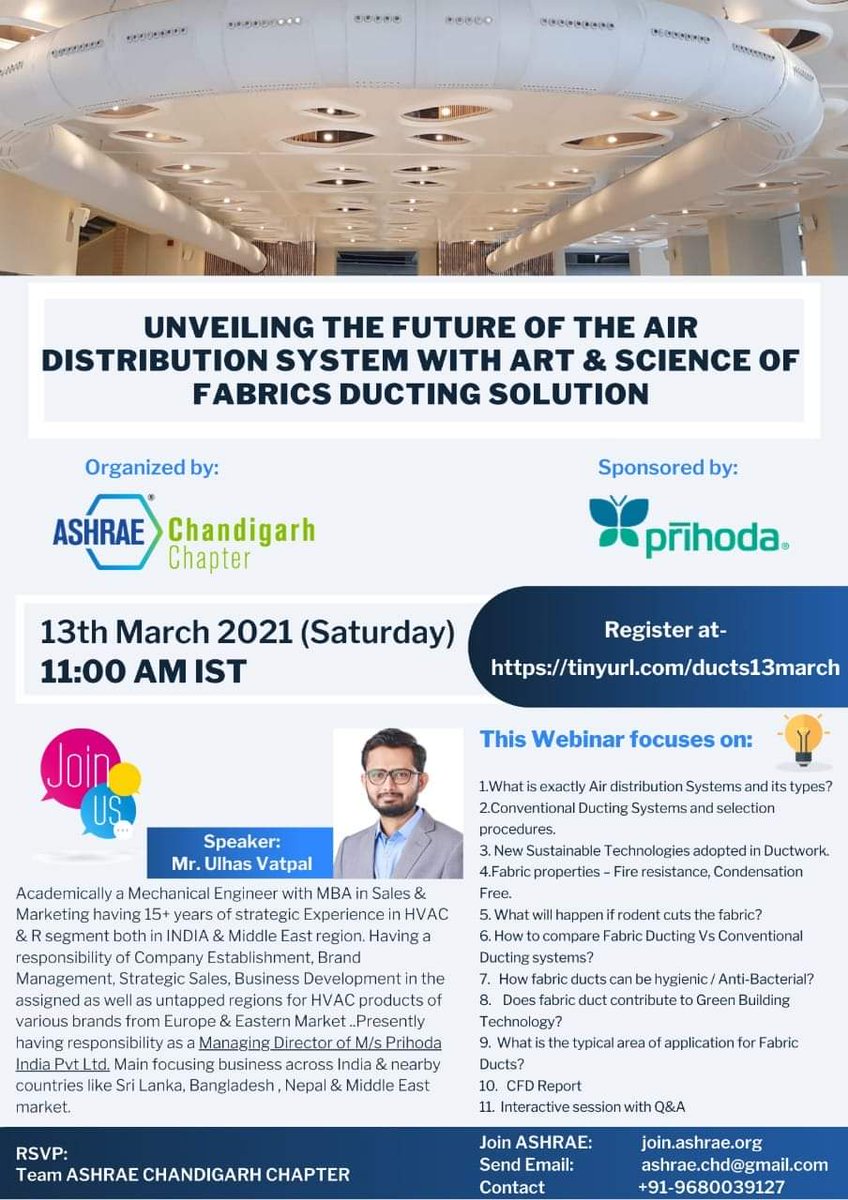 Atul_B_Tale's tweet photo. 𝗧𝗼𝗽𝗶𝗰 - "Unveiling the future of the Air Distribution System with Art &amp; Science of Fabrics Ducting Solution"

𝗗𝗮𝘁𝗲 : 𝟭𝟯𝘁𝗵 𝗠𝗮𝗿𝗰𝗵 (𝗦𝗮𝘁𝘂𝗿𝗱𝗮𝘆) 𝗮𝘁 𝟭𝟭:𝟬𝟬 𝗔𝗠
𝗦𝗽𝗲𝗮𝗸𝗲𝗿 - 
@vatpalulhas @PrihodaIndia

𝗥𝗲𝗴𝗶𝘀𝘁𝗲𝗿 - https://t.co/llC5l8wGIS https://t.co/6Frj035tKQ