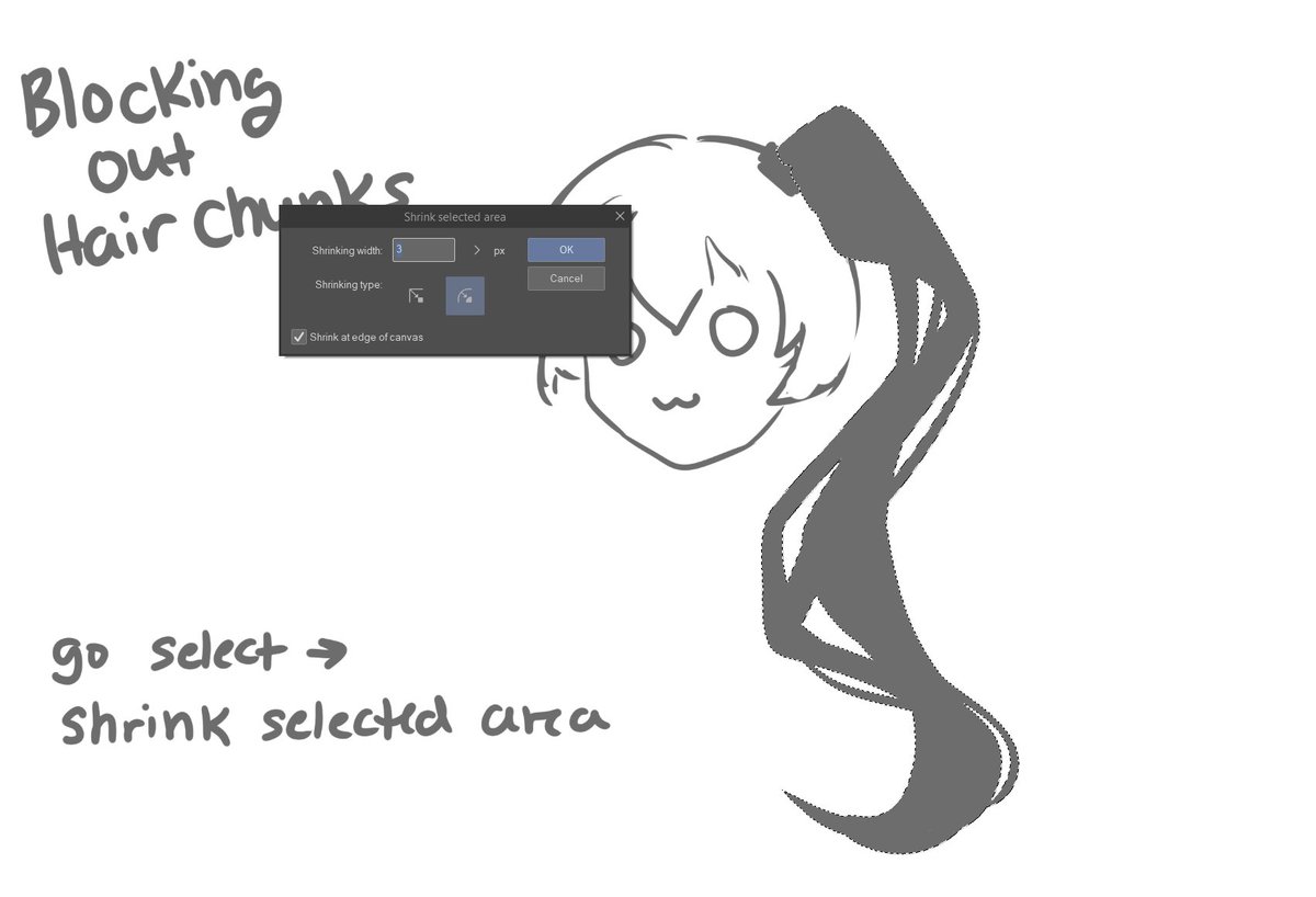 There are many ways to do this/similar but here's one of the ways I handle blocking out chunks of flowy hair for a sketch bc sometimes lots of lines makes it hard to see where the positive/negative space is and can result in weird clumps. It's how I did miku's hair's base sketch 