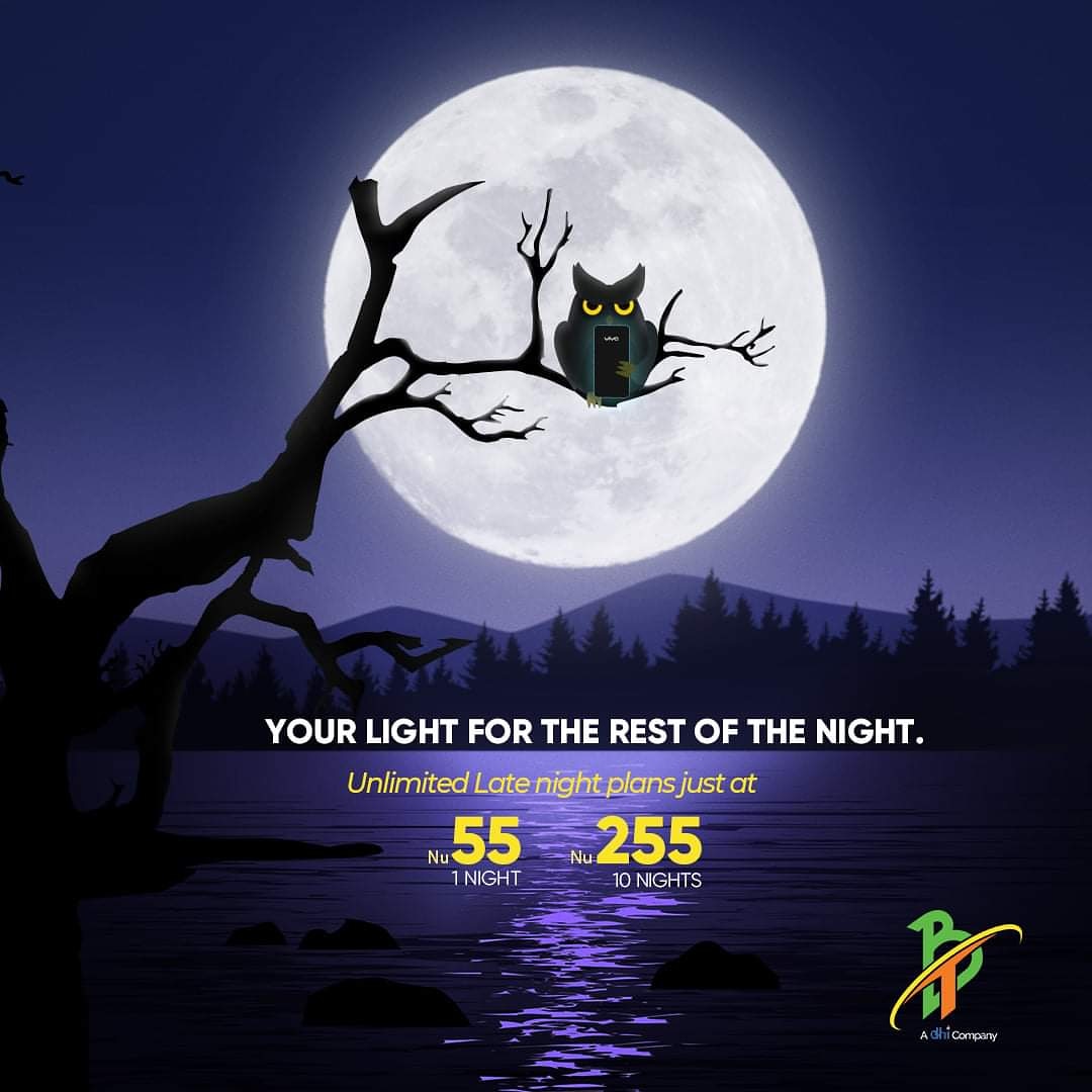 Bhutan_Telecom's tweet photo. Awake when everyone is asleep? 
Night Owls can now stream videos, surf the internet or listen to music in the early hours at a satisfying rate. Best of all, users can get unlimited data at just Nu.55 for one night and Nu.255 for 10 nights from morning 1 AM till 7 AM. https://t.co/nzBfFRiEb2