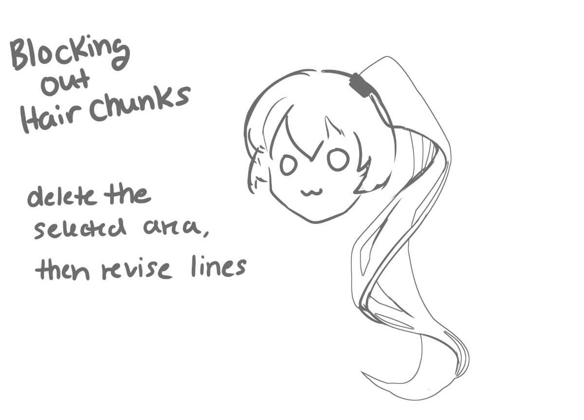 There are many ways to do this/similar but here's one of the ways I handle blocking out chunks of flowy hair for a sketch bc sometimes lots of lines makes it hard to see where the positive/negative space is and can result in weird clumps. It's how I did miku's hair's base sketch 