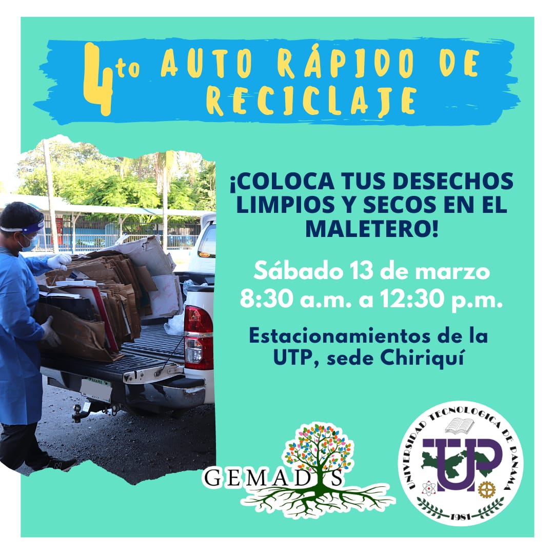 gemadisobc's tweet photo. ATENCIÓN CHIRIQUÍ‼🤩

♻️ Prepara tus desechos limpios y secos para llevarlos a la UTP ♻️

📅 Sábado 13 de marzo https://t.co/TsUJqA2xUa