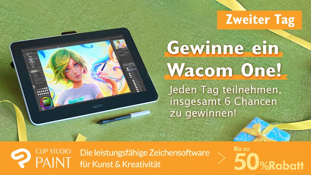 Folge dem offiziellen CLIP STUDIO PAINT Account und retweete unseren Tweet. Wir verschenken täglich ein Wacom One! Es ist Tag 2 der Aktion und du hast noch 5 Chancen! Details und Teilnahmebedingungen: clipstudio.net/promotion/give…