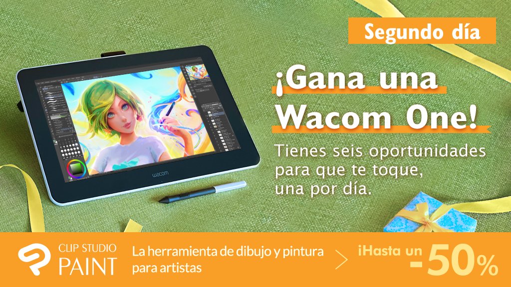 ¡Día 2 del sorteo! ¡Sigue la cuenta oficial de CLIP STUDIO PAINT y retuitea este tuit para entrar en el sorteo de la Wacom One de hoy! ¡Quedan 5 oportunidades para que te toque! Información y condiciones de participación: clipstudio.net/promotion/give…