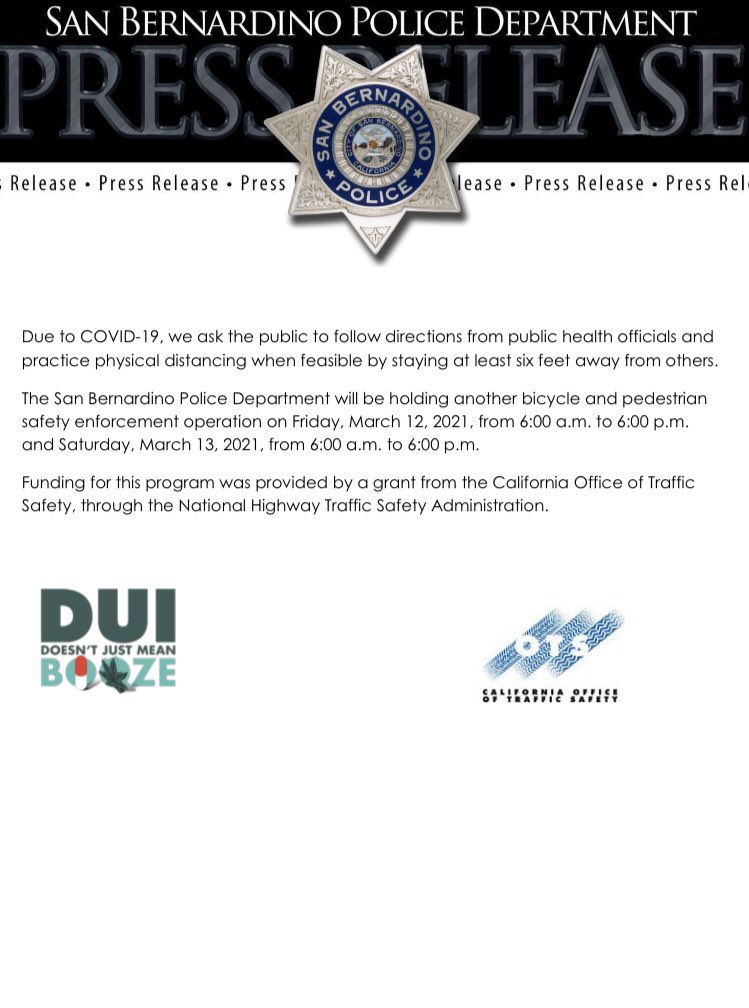 SanBernardinoPD's tweet photo. 171 CITED DURING WEEKEND TRAFFIC SAFETY OPERATION
Please see the attached Press Release regarding the results of a recent traffic enforcement operation.
https://t.co/jFPeRFDANC
#ProActiveEnforcement #SBPDMotors #WeAreHiring
#JoinSBPD #AlwaysDriveSafely https://t.co/nWuHvHAXlm