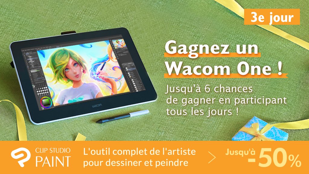 clipstudiopaint's tweet photo. Jour 3 ! Suivez le compte officiel CLIP STUDIO PAINT et retweetez simplement ce tweet pour obtenir une chance de gagner un Wacom One par jour ! Encore 4 chances de gagner ! Pour plus de détails : https://t.co/2rZ9mVAEPP https://t.co/WWdMErtimj