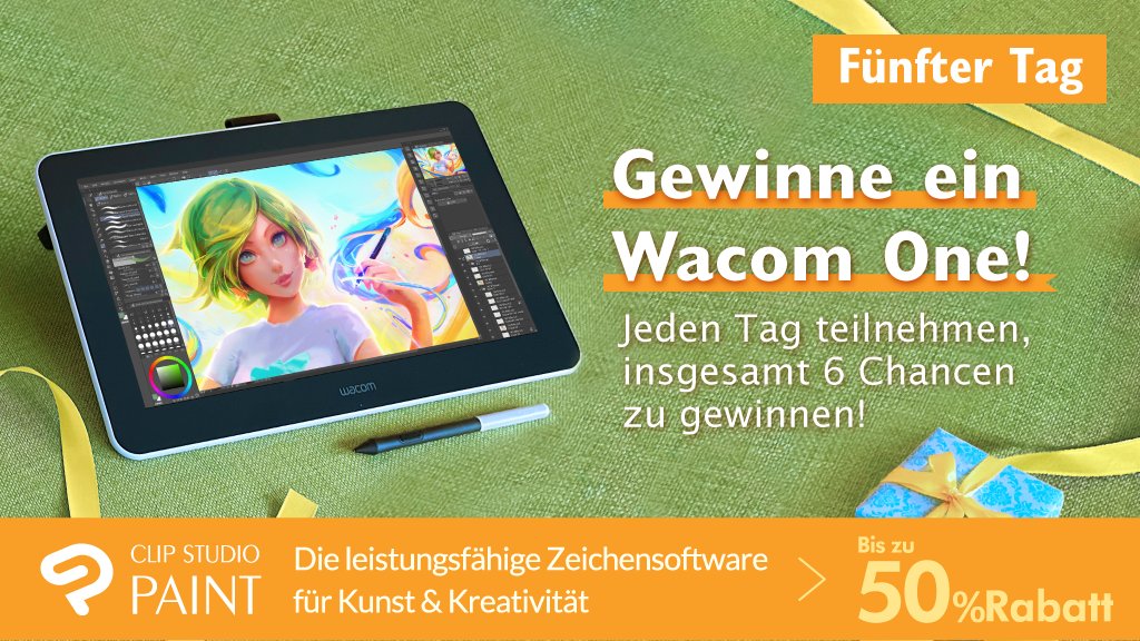 Folge dem offiziellen CLIP STUDIO PAINT Account und retweete unseren Tweet. Wir verschenken täglich ein Wacom One! Es ist Tag 5 der Aktion und du hast noch 2 Chancen! Details und Teilnahmebedingungen: clipstudio.net/promotion/give…