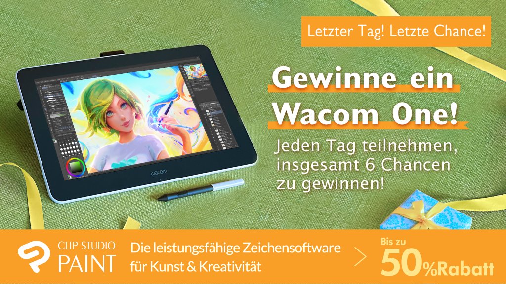 Folge dem offiziellen CLIP STUDIO PAINT Account und retweete unseren Tweet. Wir verschenken noch ein Wacom One und heute ist deine letzte Gewinnchance! Bis 16.3., um 8 Uhr (UTC/GMT) mitmachen! Details und Teilnahmebedingungen: clipstudio.net/promotion/give…