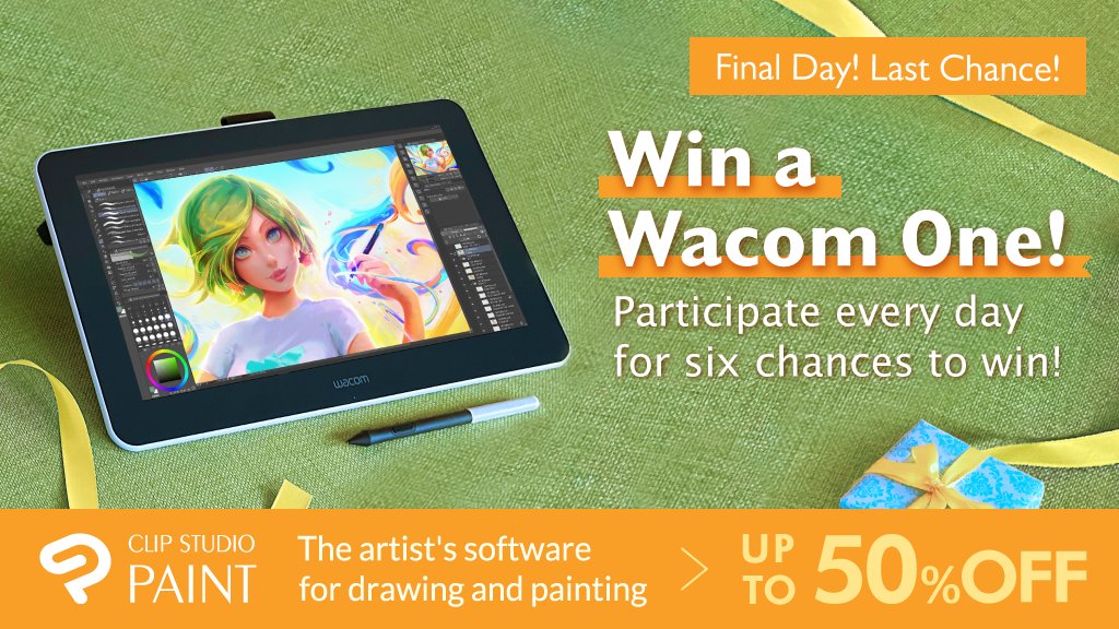 Last day! Follow the official Clip Studio Paint account &amp; retweet this tweet for your chance to win a Wacom One! Deadline: March 16, 8am UTC/GMT! Campaign info &amp; entry rules here: clipstudio.net/promotion/give…