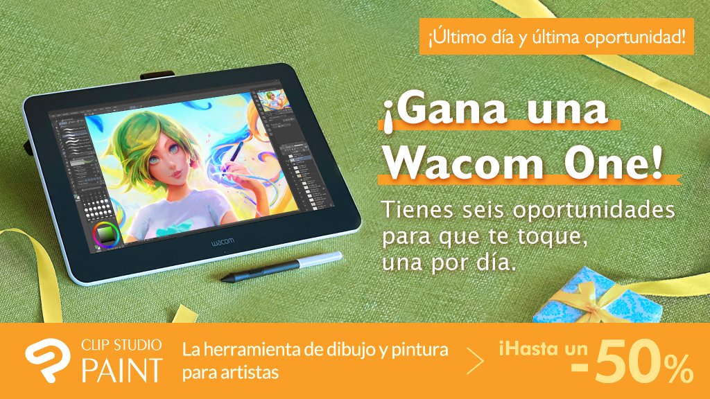 ¡Hoy sorteamos la última Wacom One! Sigue la cuenta oficial de CLIP STUDIO PAINT y retuitea este tuit para participar. ¡Tienes hasta las 8:00 GMT/UTC del 16 de marzo! Información y condiciones de participación: clipstudio.net/promotion/give…