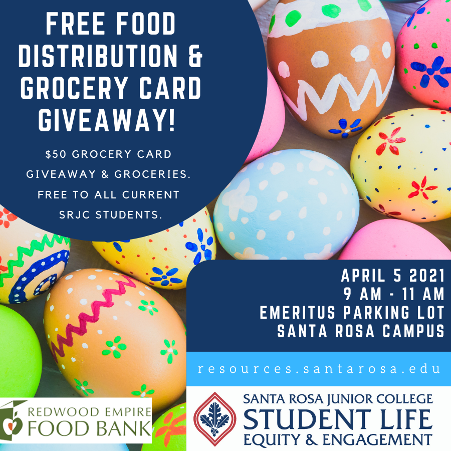 srjcswsrc's tweet image. SRJC Free Food Distribution &amp;amp; Grocery Card Giveaway! 
April 5, 2021 @ 9-11 AM
resources.santarosa.edu/food-resources