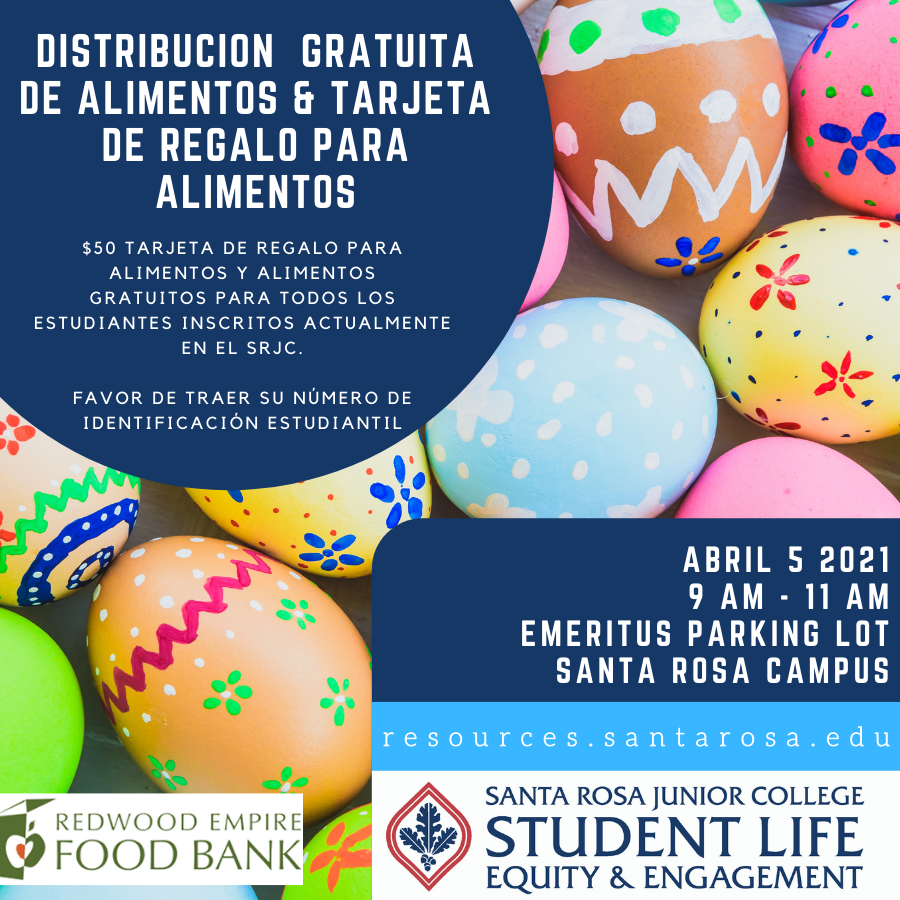srjcswsrc's tweet image. Distribución Gratuita de Alimentos y Tarjeta de Regalo para Alimentos de SRJC 
5 de Abril 2021 @ 9-11 AM
resources.santarosa.edu/food-resources