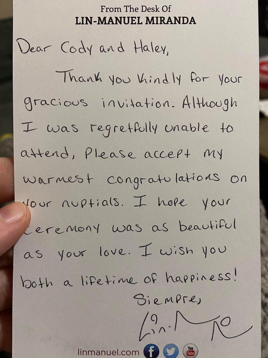 BeardedPorkchop's tweet photo. Finding out that @Lin_Manuel blessed our marriage is an absolute highlight of my life. https://t.co/p4I3vPqXBX
